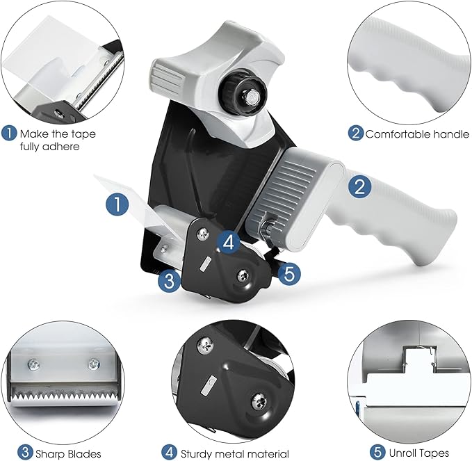 Packing Tape Dispenser Gun, Pacific Mailer 2 Inch Tape Gun Dispenser with 2 Inch Carton Packing Tape, Lightweight Industrial Side Loading Tape Dispenser - Black