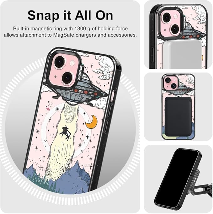 MOSNOVO Magnetic Case for iPhone 15 Plus, 10ft Military-Grade Protection, Compatible with Magsafe, Shockproof Phone Case for iPhone 15 Plus / 14 Plus - UFO - Clear Black
