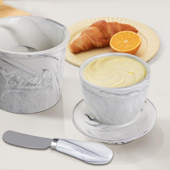 Ceramic Butter Crock with Lid & Spreader Knife, Butter Keeper - Ideal Butter Storage & Countertop Butter Dish, Marble White