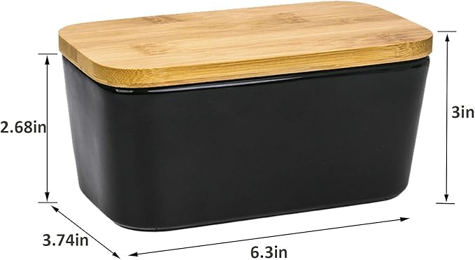 Butter Dish with Lid,Extra Large 650ml,Porcelain Keeper with Bamboo Lid Cover for 2 Sticks of Butter,Microwave Safe Easy Clean Butter Storage Container for Countertop Refrigerator (Black)