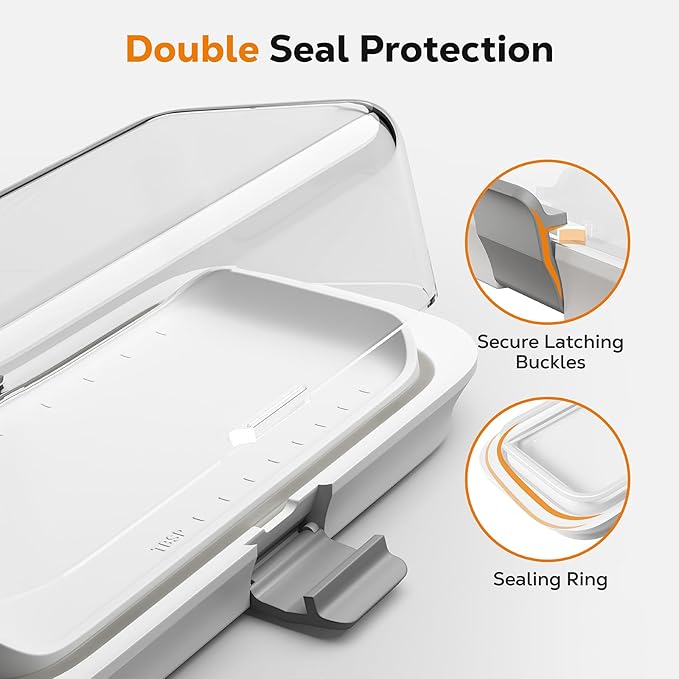 Pisol Large Butter Dish with Lid for Countertop and Fridge Refrigerator Door Shelf, Airtight 250g Butter Keeper for East Coast/West Coast/European/Kerrygold Butter/French Butter/Cream Cheese