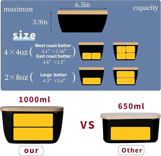 GDCZ Ceramics Butter Dish with Wooden Lid- Large Covered Butter Holder for Countertop, Butter Keeper Container Perfect for Holds 2X 4oz West/East Coast Butter (Black, 6.5 x 4.2x 3.9)