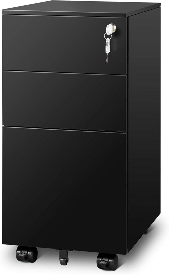DEVAISE 3 Drawer File Cabinet with Lock, Metal Rolling Filing Cabinets for Home Office, Small Under Desk Cabinet with Slim Width (11.8 inch), Black