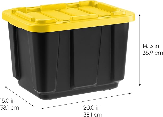 IRIS USA 12 Gallon Heavy Duty Truck Bed Toolbox Storage Tote Bins with Lids, 4 Pack - Made in USA, Tough Snap On Lockable Lid Stackable Industrial Rugged Tubs, Garage Organization Box - Black/Yellow