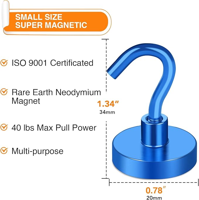 MIKEDE Magnetic Hooks Heavy Duty, 10 Lbs Magnet with Hooks for Cruise Cabins, Strong Magnets Neodymium for Hanging, Magnetic Wall Hooks for Refrigerator, Locker, Workplace(Blue, 10 Pack)