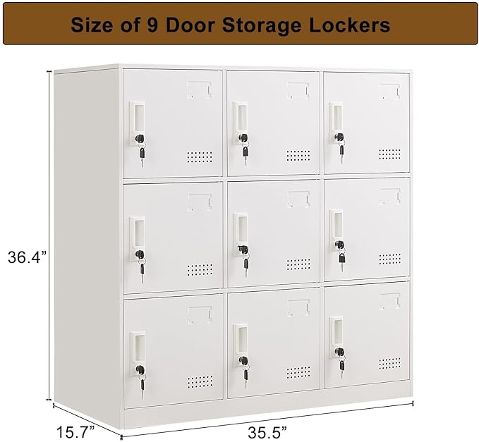 Metal Locker 9 Door Storage Cabinet, Steel Office Storage Lockers for Employees, Lockable Metal Cabinet with Lock and Ventilation, Office School Gym Garage Storage Organizer