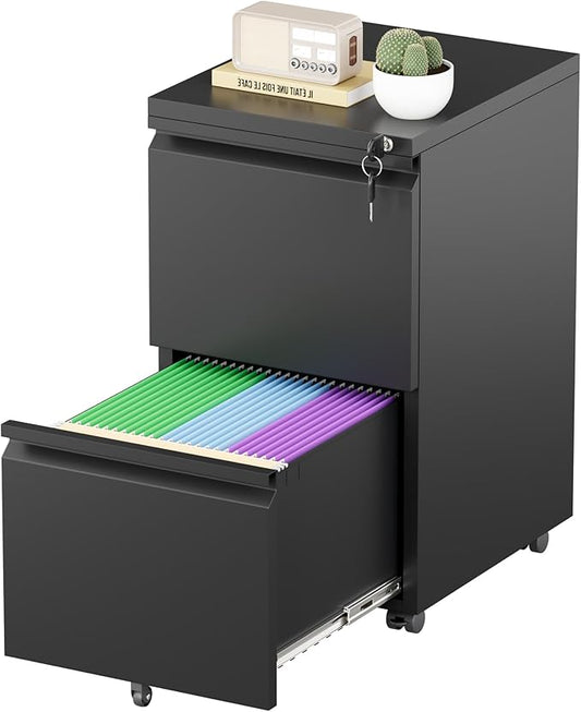 Greenvelly 2 Drawer Mobile File Cabinet with Lock, Metal Filing Cabinet on Wheels, Under Desk File Cabinet for Home Office Organizer Letter/Legal/A4 File (Assembly Required, Black)
