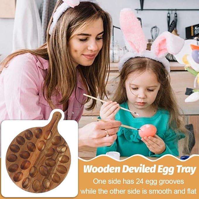 24 Holes Wood Deviled Egg Platter Round Tray for Devilled Eggs Container, Charcuterie Board for Kitchen Countertops, Deviled Egg Tray Holder for Easter, Gathering, Thanksgiving & Parties