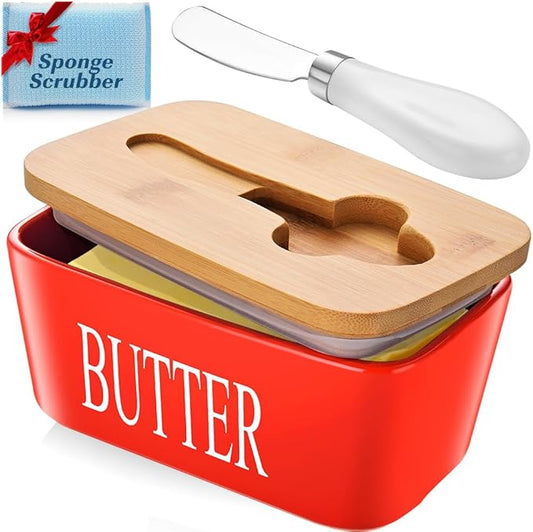 Butter Dish with Lid: Large Butter Container for Countertop - Ceramic Butter Holder for Counter - Butter Tray Butter Keeper with Knife and Sponge Scrubber - Perfect for 2 Sticks of Butter Red