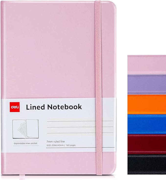 deli A5 Lined Journal Notebook, 160 Pages Hardcover Writing Notebook, 5.5"x8.2" College Ruled Notebook for Office, School, Work Notes (Pink)