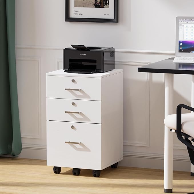 VINGLI 3-Drawer File Cabinet with Lock, Wood Rolling Filing Cabinets for Home Office, Mobile Printer Stand, Under Desk File Organizer for Letter Sized Files, 26" H(Caster Included), White