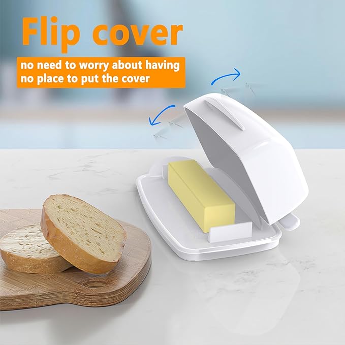 Butter Dishes with Lid for Countertop Refrigerator, Plastic Butter Dish Flip Top Lid Butter Container with Spreader, Non-Slip Bottom Butter Holder Keeper (White)