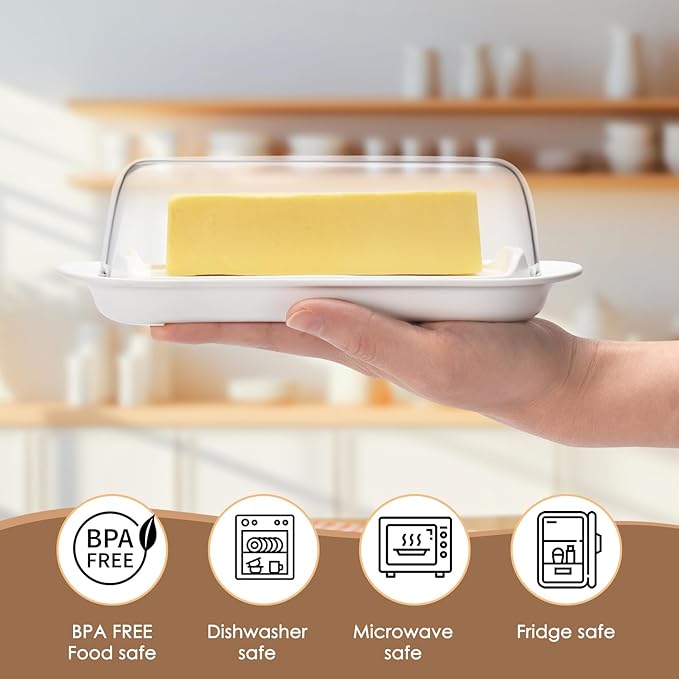 Butter Dish with Clear Lid, Butter Keeper for Countertop, Airtight Butter Dish, Plastic Butter Keeper Tray for West/ East Coast Butter, Dishwasher Safe(White)