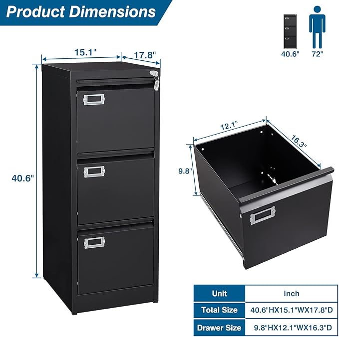 3-Drawer File Cabinet, 16.3" Deep Vertical Filing Cabinet with Lock, Metal File Cabinet for Home Office, Anti-Tip 3 Storage Drawers for Letter/Legal/A4/F4 Size, Assembly Required, Black