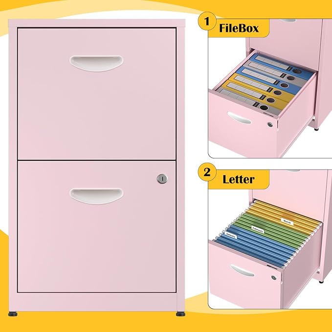 2 Drawer File Cabinet with Lock,Pink Metal Office Drawers Filing Cabinets for Home Office, Two Drawer Under Desk File Cabinet for Hanging Letter,Easy Assemble