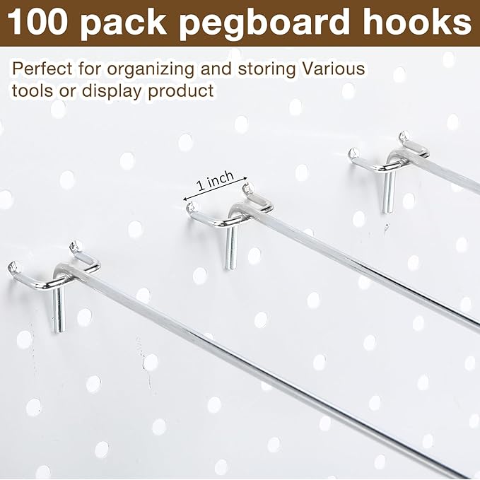 Funrous 100 Pack Peg Board Hooks Stainless Steel Pegboard Hooks Shelving Display Hanging Peg Board Holders for 1/8 and 1/4 Garage Storage Tools Organizer(12 inch)