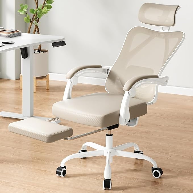 Farini Ergonomic Office Chair with Footrest, Mesh Office Desk Chair with Headrest, High Back Computer Chair with Adjustable Lumbar Support for Home Office Study Room Bedroom, White & Kakhi