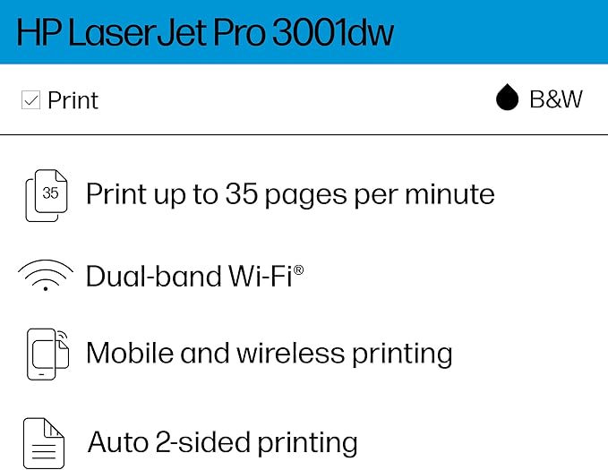 HP LaserJet Pro 3001dw Wireless Black & White Printer, Best-for-Office (3G65OF)