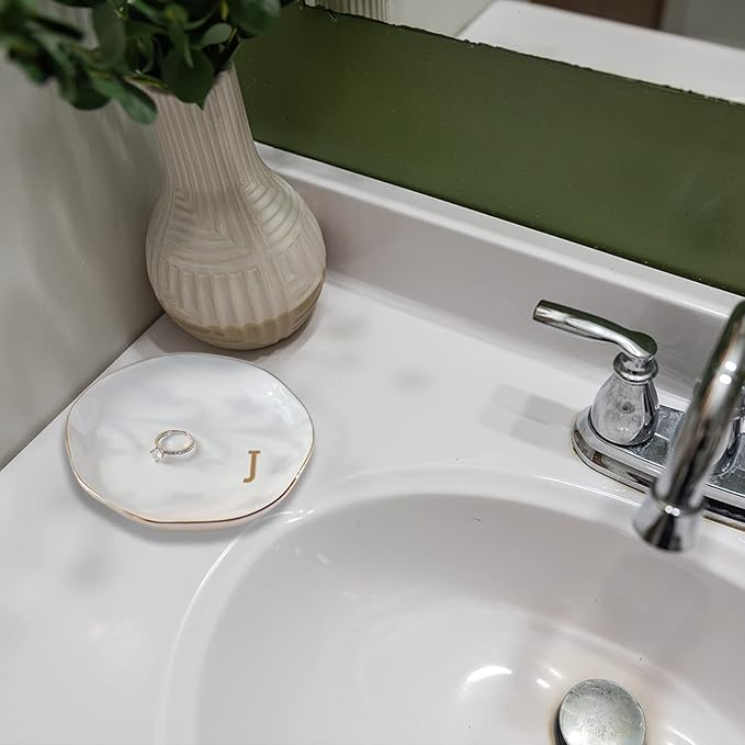 Initials Ring Dish Jewery Tray with personalized J-Monogrammed Gifts Wedding Engagement for Women Friends sister,Ceramic White