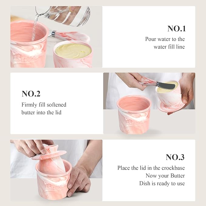 Ceramic Butter Crock with Lid & Spreader Knife, Butter Keeper - Ideal Butter Storage & Countertop Butter Dish (Marble Pink with Marble Pink Knife, M)