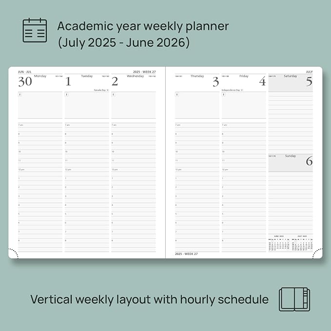 POPRUN Planner 2025-2026 (Large - 8.5'' x 10.5'') Academic Weekly Calendar (July 2025 - June 2026) with Hourly Time Slots, Monthly Tabs, 100GSM Thick Papers, Leather Soft Cover - Purple