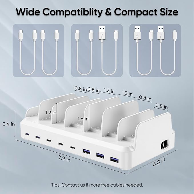 300W Charging Station for Multiple Devices, 8 Port Multi USB C Fast Charger Station Dock for MacBook iPhone 17/16/15/14/13/12 Samsung Pixel Series iPad, White (6 Mixed Short Cables Included)