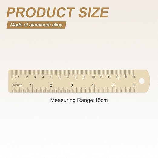 HARFINGTON 6pcs Metal Straight Ruler 15cm Metric SAE Aluminum Alloy Measuring Rulers Scale Tool with Hole for Measure Study Reading Classroom Office, Beige