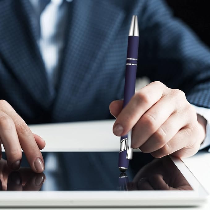 8 Pieces Ballpoint Pen with Stylus Tip Black Ink 2 in 1 Stylus Metal 1.0 mm Medium Point Smooth Pen Rainbow Colorful Rubberized Ballpoint for Touch Screen Tablet(Dark Blue)