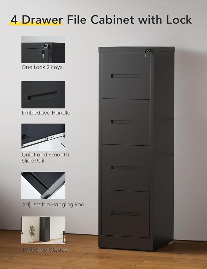 JOMEED 4-Drawer File Cabinet, Legal/Letter Size Storage, Full-Extension Drawers, Steel Construction, Lock System, 66 lbs Per Drawer Capacity
