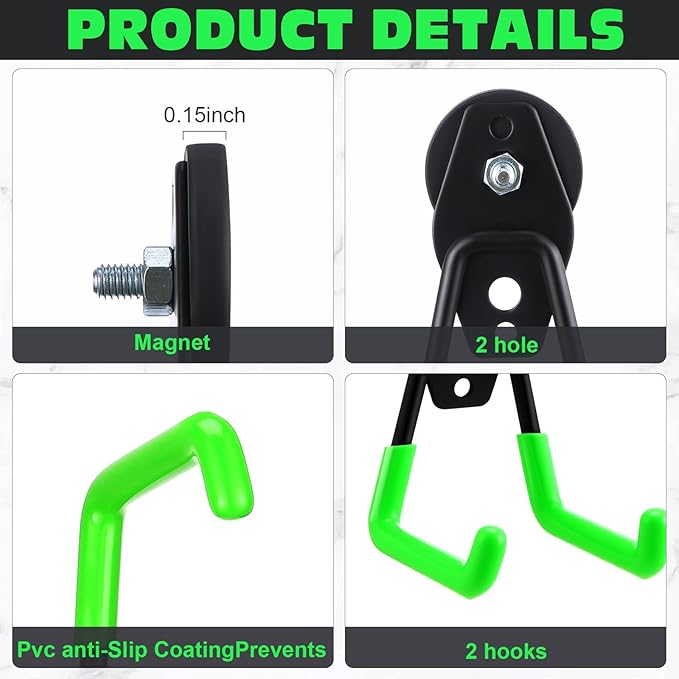Landhoow Large Magnetic Hooks Heavy Duty Garage Magnet Hooks Strong Storage Utility Magnetic Hangers with Anti Slip Rubber Coating for Indoor and Outdoor Hanging(Green,14 Pcs)