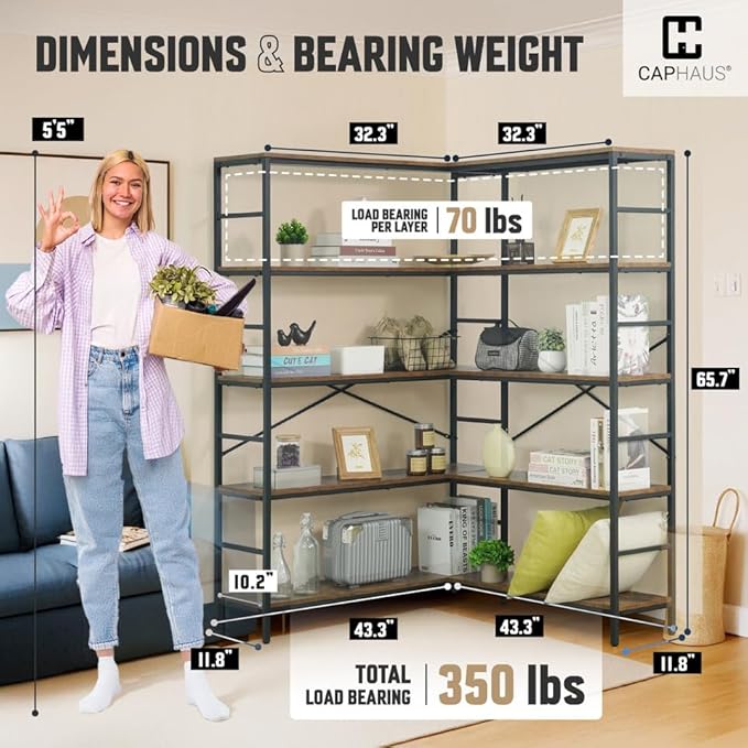 CAPHAUS L-Shaped Bookshelf, 5 Tier Industrial Corner Bookcase, Tall Corner Shelf with Metal Frame, Wooden Board, Open Display Shelf for Living Room, Bedroom, Home and Office, Rustic Oak
