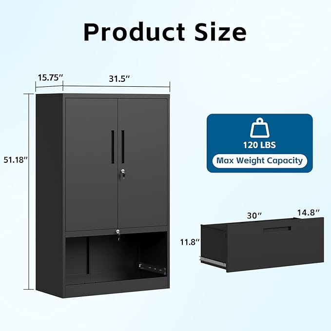 Metal File Cabinet with Drawer, Lockable Vertical Lateral Filing Storage Cabinet, File Cabinet with Storage Cabinet for Home Office, Legal/Letter/A4 Size Steel File Storage Cabinets, Black