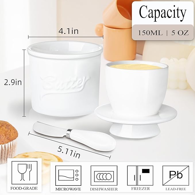 Ceramic Butter Crock with Lid & Spreader Knife, Butter Keeper - Ideal Butter Storage & Countertop Butter Dish, White