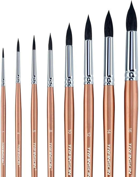 Transon 8pcs Round Watercolor Paint Brush Set Goat Hair for Watercolors,Acrylics,Inks,Gouache,Oil and Tempera
