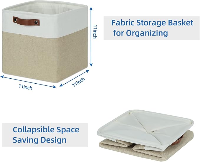Temary 11 x 11 Cube Storage Bins Fabric Storage Baskets 4 Pack Cubes Baskets with Handles for Organizing Clothes, Organizer Bins for Storage (White&Khaki)