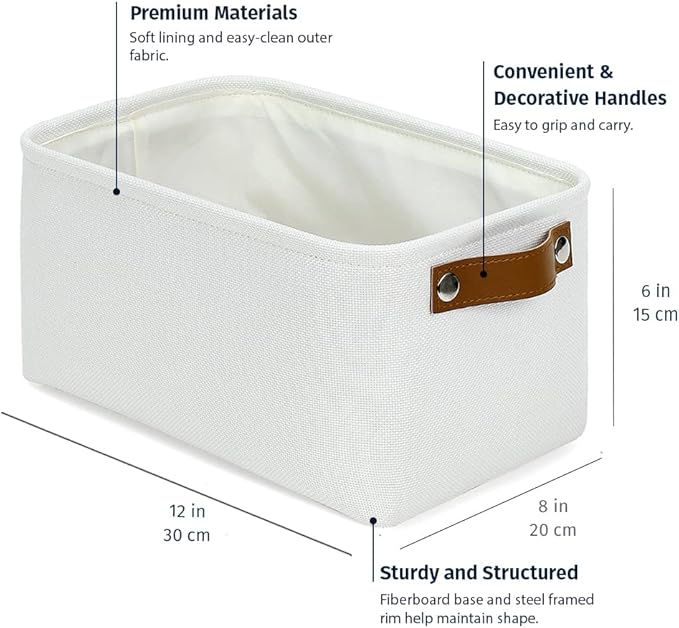 OrganiHaus Small Fabric Storage Baskets for Shelves 3 Pack, 12x08in Closet Storage Bins for Shelves, Canvas Baskets for Organizing, Linen Closet Organizers, Cloth Basket, Off-White