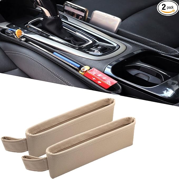 Tumecos Car Seat Pockets PU Leather Car Console Side Organizer Seat Catcher Holders Compatible with Phone Key Wallet Phone Sunglasses 2 Pack (Beige)