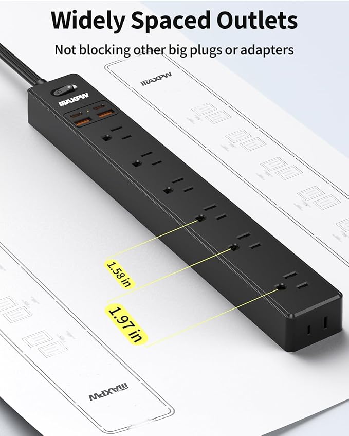 2 Pack Power Strip Surge Protector - 7 Outlets 4 USB Ports (2 USB C), 6 Ft Ultra Thin Flat Plug Extension Cord, 1875W/15A, 1700 Joules, Wall Mount for Home Office Dorm, Black
