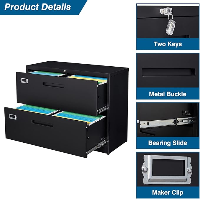 2 Drawer File Cabinet, Lateral Filing Cabinets for Home Office, Office Storage Drawers with Lock, Hanging Files Legal/Letter A4 Size (Assemble Required,Black)