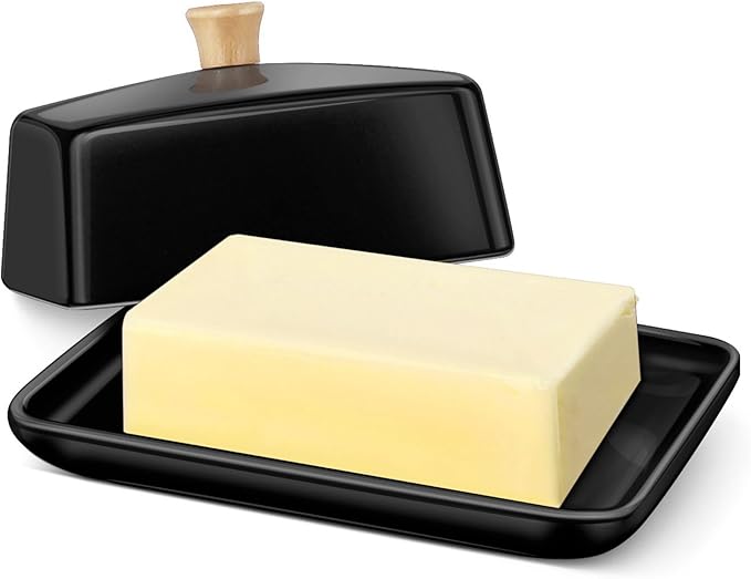 Flexzion Ceramic Black European Butter Dish with Lid for Countertop (8 Inch) - Wide 2 Stick Double Butter Holder for Counter, Cream Cheese Container Storage Keeper