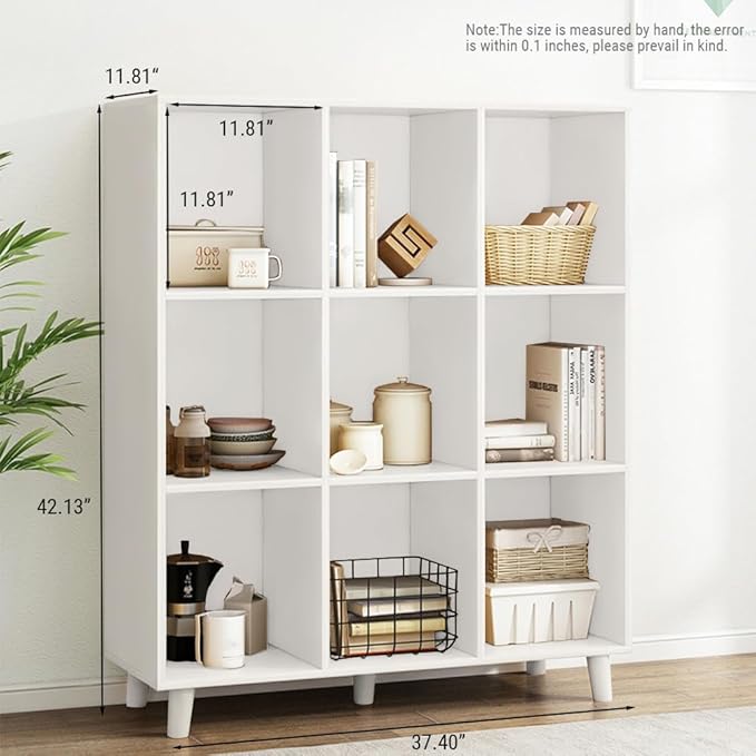 IOTXY Open Cube Low Bookcase - 3-Tier Freestanding Storage Display Cabinet Organizer with Legs for Home Office, 9-Cubes Open Shelf Short Bookshelf, White