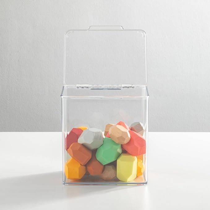 mDesign Kids Plastic Stackable Toy Storage Organizer Box Container with Hinged Lid for Storing Action Figures, Crayons, Building Blocks, Puzzles, Wood Construction Sets, Cars, 2 Pack - Clear