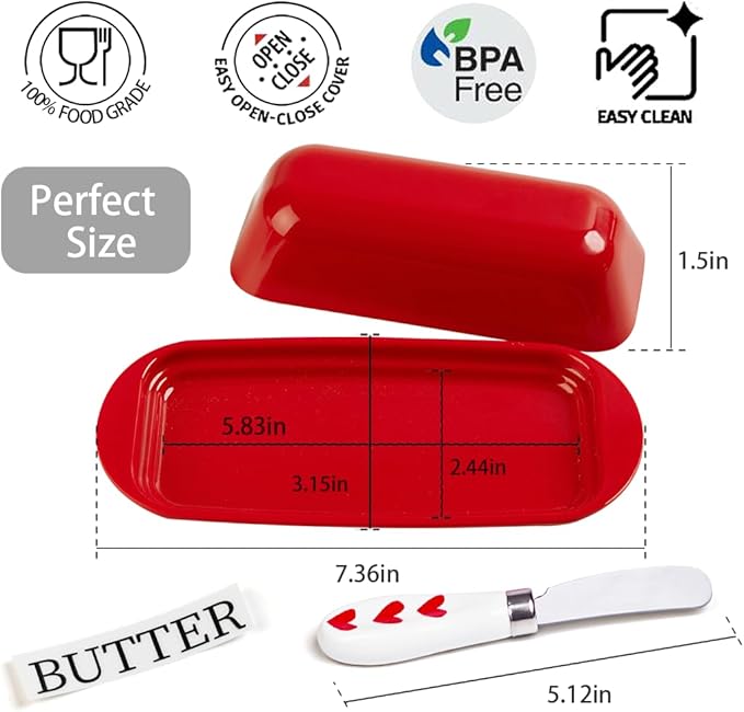 Butter Dish with Lid and Knife, Durable Countertop & Fridge Butter Keeper, Melamine Butter Container Holiday Kitchen Gift, Heart Design – Red