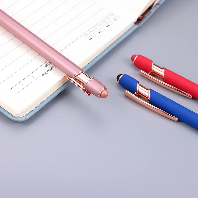 12 PCS 2 in 1 Stylus Ballpoint Pen with Stylus Tip, 1.0 mm Black Ink Metal Pen Stylus Pen for Touch Screens (Rose glod & 6 Colors)