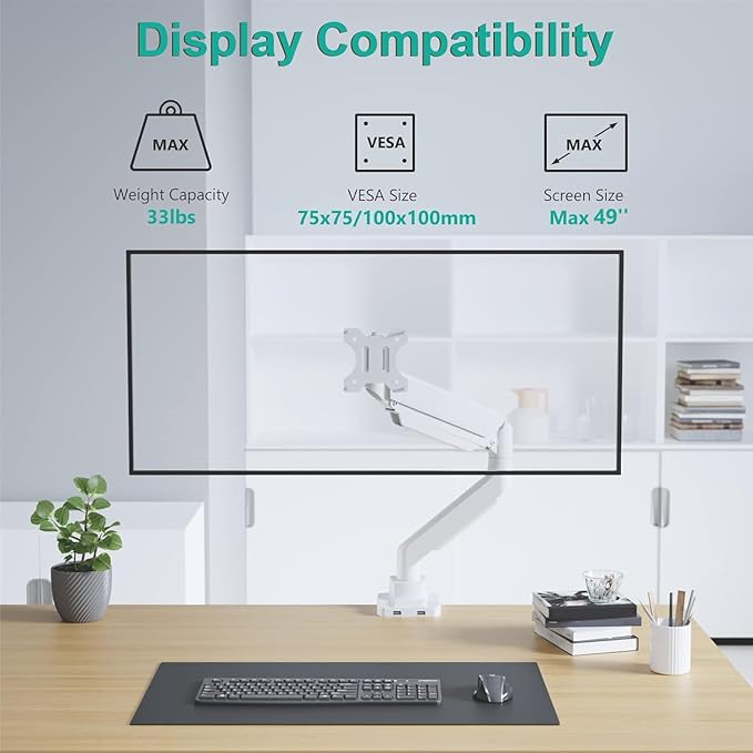 WALI Ultrawide Monitor Arm for 13 to 49 Inch Heavy Duty Curved Screens, Adjustable Gas Spring Single Monitor Desk Mount with 2 USB 3.0 Ports, Holds 33 lbs, 75x75/100x100 VESA, White (GSMU001-W)