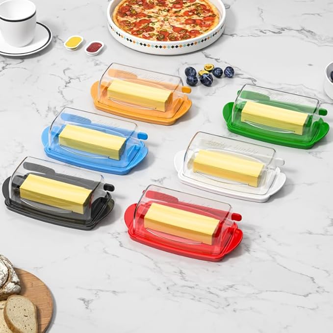 Butter Dishes with Lid for Countertop Refrigerator, Plastic Butter Dish Clear Flip Top Lid Butter Container with Spreader, Non-Slip Bottom Butter Holder Keeper (Transparent Cover Red)