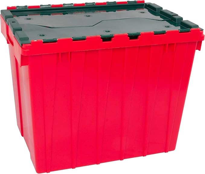 Akro-Mils KeepBox 18 Gallon Storage Container, Nesting and Stackable Plastic Storage Box with Lid Attached, Clear Tote for Garages, Closets, and Moving, 21" x 15" x 17", Red/Green