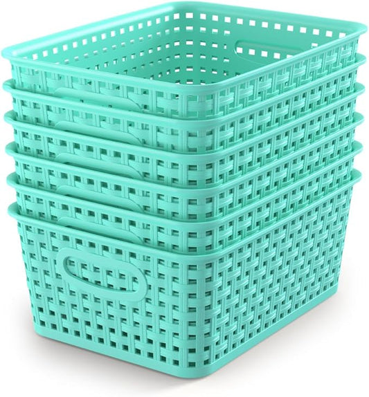 WYT 6-Pack Plastic Small Shelf Storage Weave Baskets Organizing for Cabinets and Pantries, Sky Blue