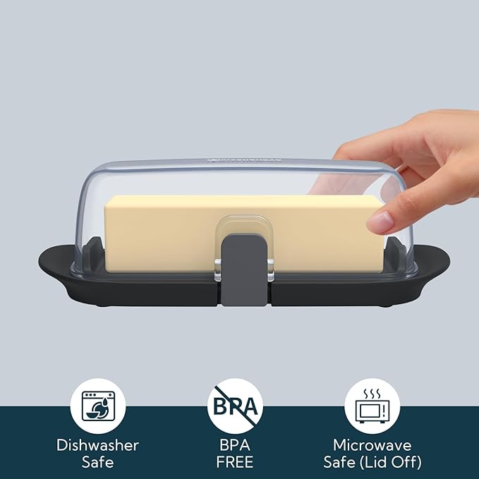 KITCHENDAO Airtight Butter Dish with Lid for Countertop and Refrigerator Door Shelf, Butter Holder with One Press to Open/Close Secure Latching Buckle, Butter Keeper for West/East Coast Butter (Black)