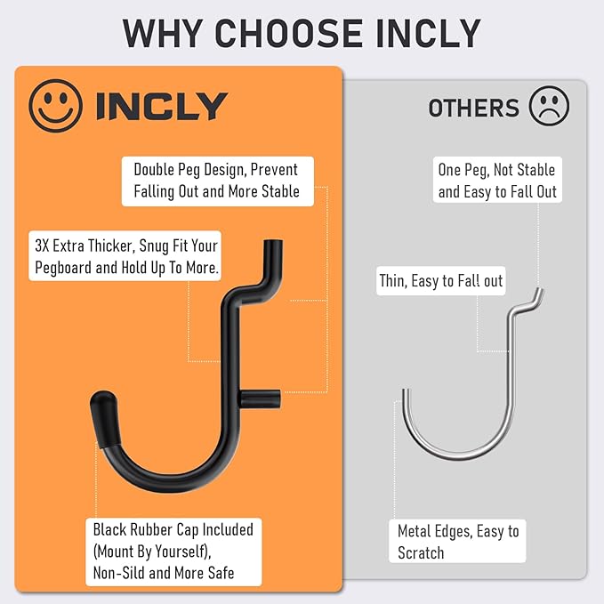 INCLY 176PCS Extra Thick Pegboard Hooks, 1/4" Heavy Duty Black Metal Peg Board Hooks Assortment with Peg Locks Pegboard Accessories Kit for Garage Wall Organizer Hanging Tools